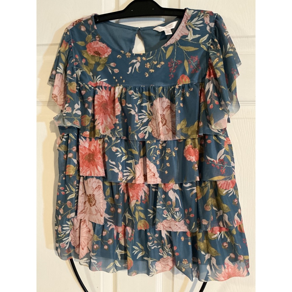 LC Lauren Conrad Womens Blue Floral Tiered Mesh‎ Ruffle Blouse Short Sleeve Med
